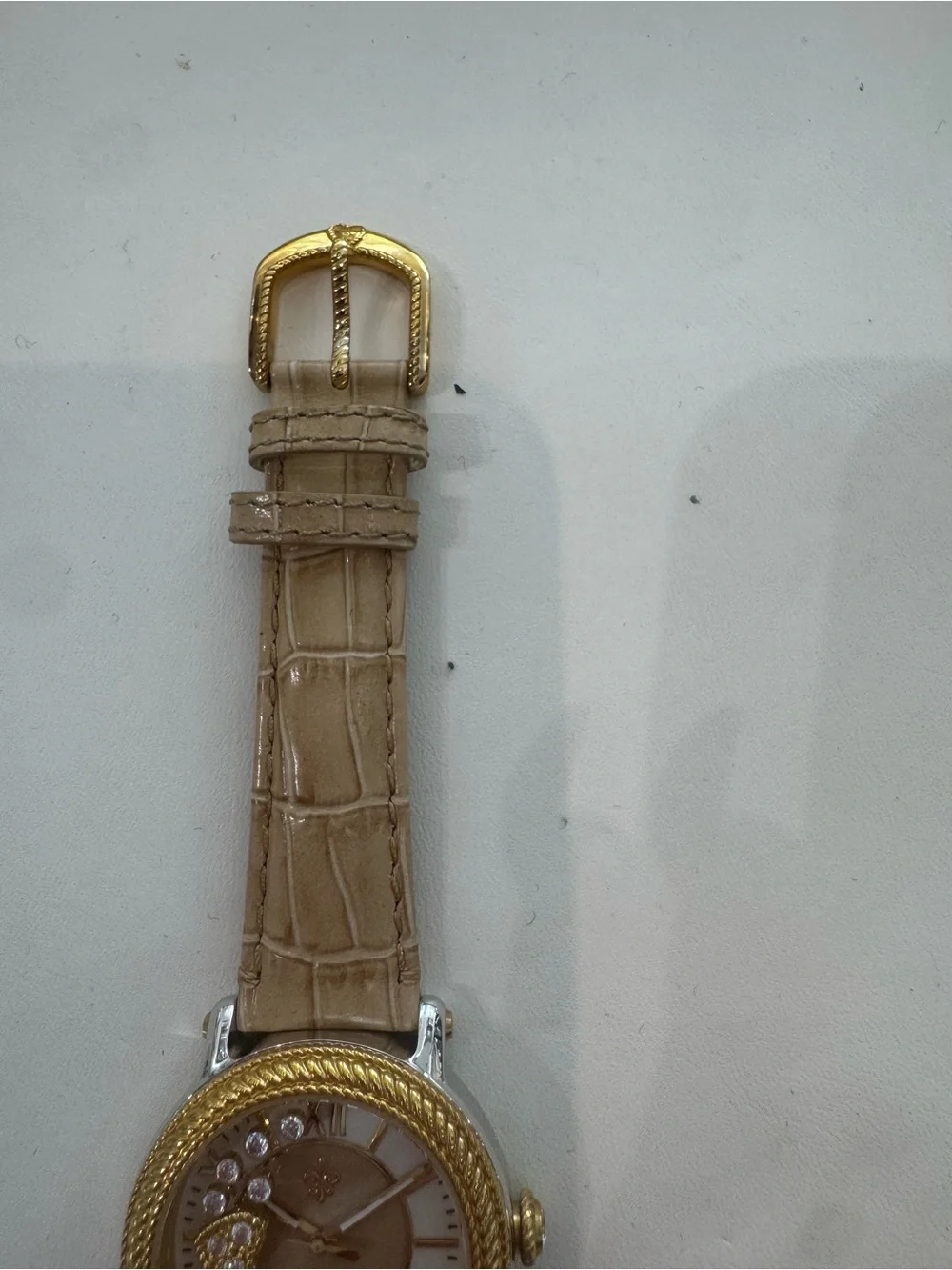New Judith Ripka Odyssey Watch Floating Crystal Heart Dial Beige Leather Strap